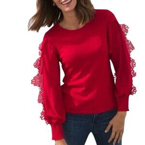 Chicos Red Soft Knit Pullover Lace Applique SLV Sweater Size 3 US XL